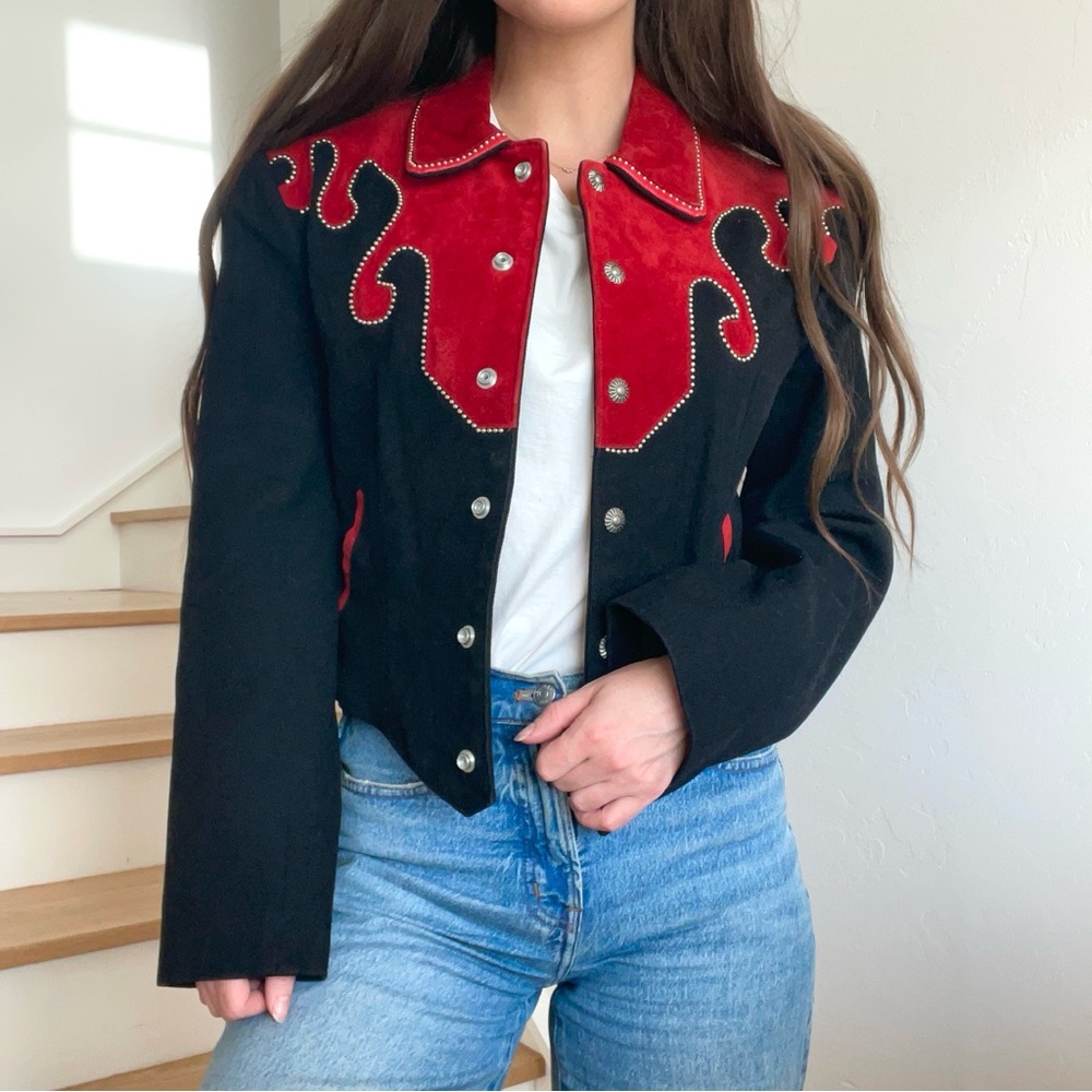 Vintage Diamond Denim & Leather Red Black Flame Fire Suede Studded Jacket Coat